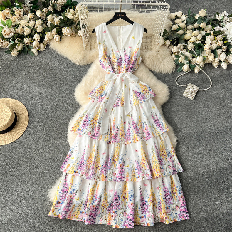 gentle style designer printed ruffle cake skirt, long sleeveless vest attached dress