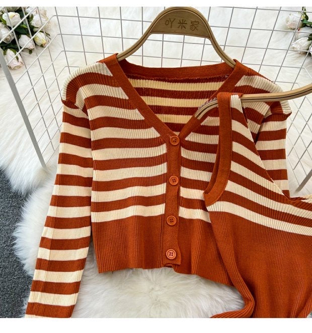 Striped knitted jacket two-piece