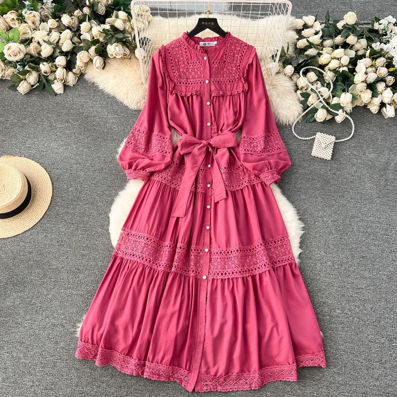 Edge collar buttoned lace-up long hollow lace splicing puff sleeve dress m9016