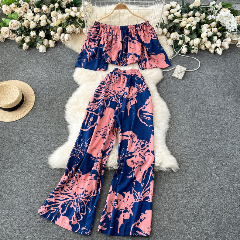 mature style off-shoulder short printed top high-waisted wide-leg pants