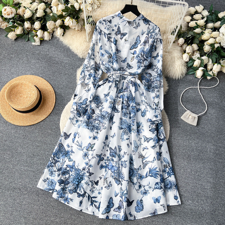 Long-sleeved single-breasted printed mature style midi gown