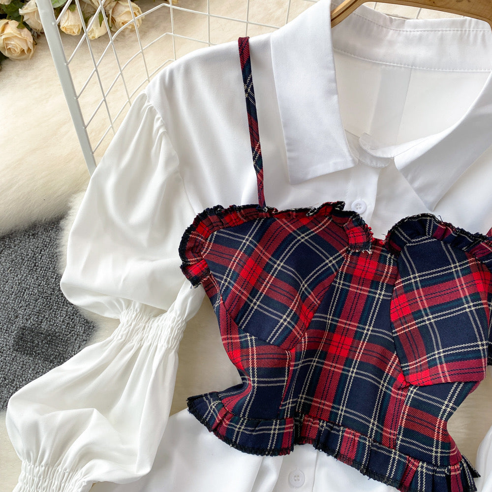 Plaid Camisole Vest Two-piece Set Trumpet Long Sleeve Loose Single-breasted Shirt