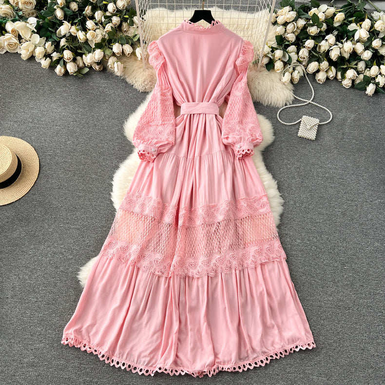 lace up hollow splicing breasted long puff sleeve dress m9021