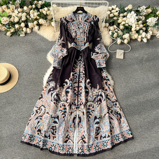 Elegant ruffled long-sleeved printed high-waisted single-breasted ladylike long dress