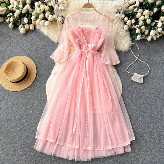 fairy mesh suspender dress two-piece set 3d flower cardigan suit