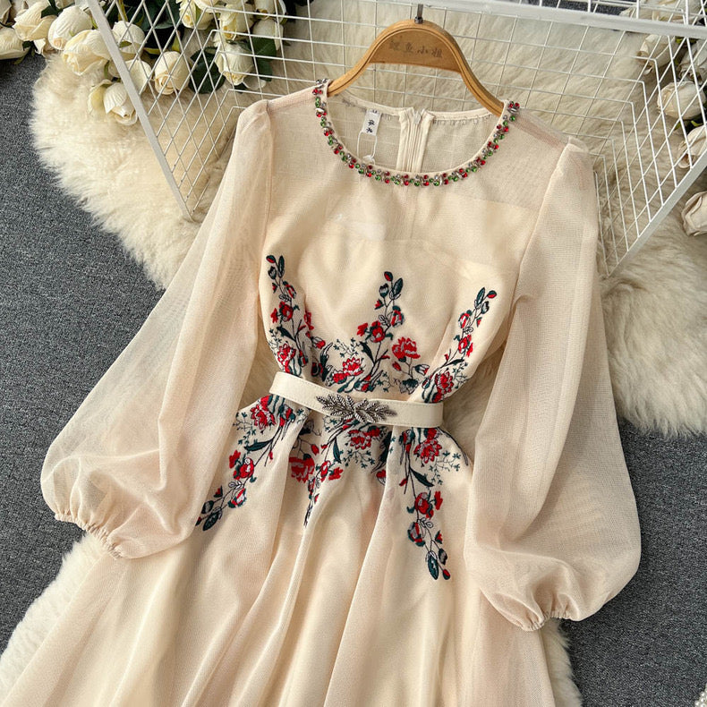 Beautiful Heavy embroidery mesh beaded long-sleeved dress