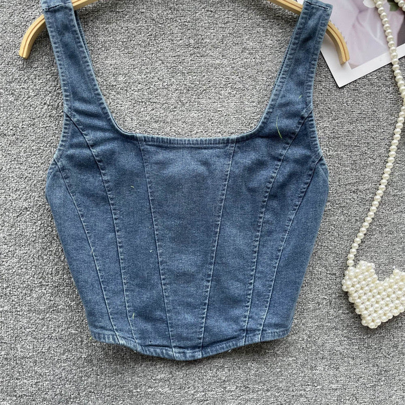 short denim top square neck zipper suspender top