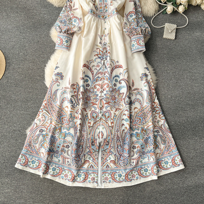 Elegant ruffled long-sleeved printed high-waisted single-breasted ladylike long dress