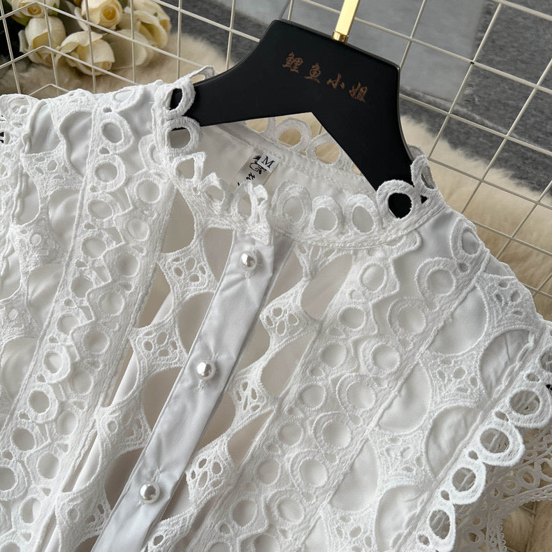 high-end stand-up collar embroidery lace splicing sleeveless elegant dress m5058