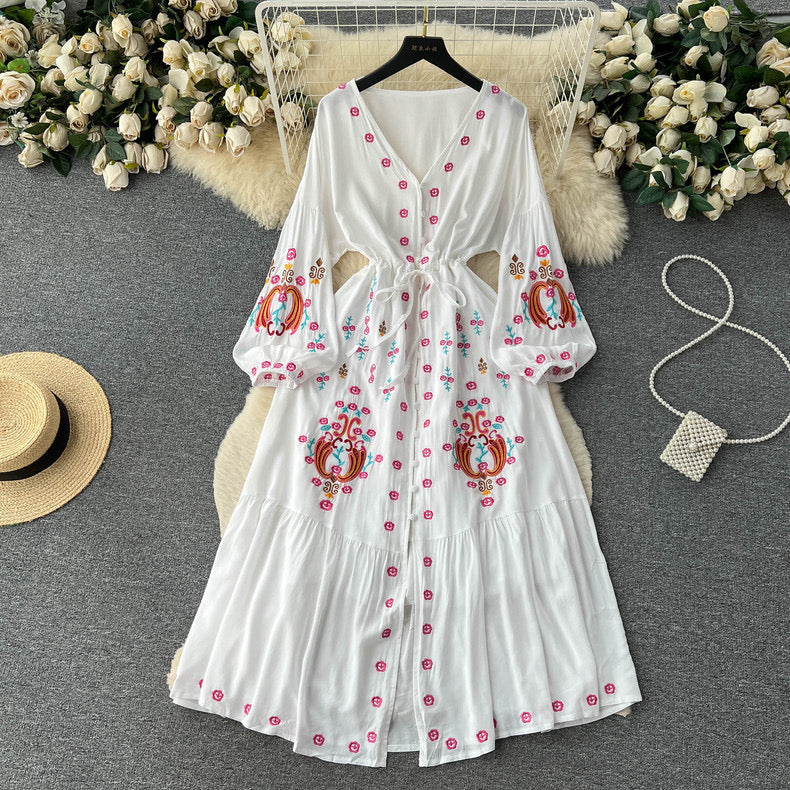 V-neck slim lantern sleeve embroidered single-breasted dress for women