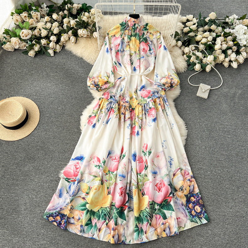 Blossom Series High-end Printed Puff Sleeves Elegant long Dress