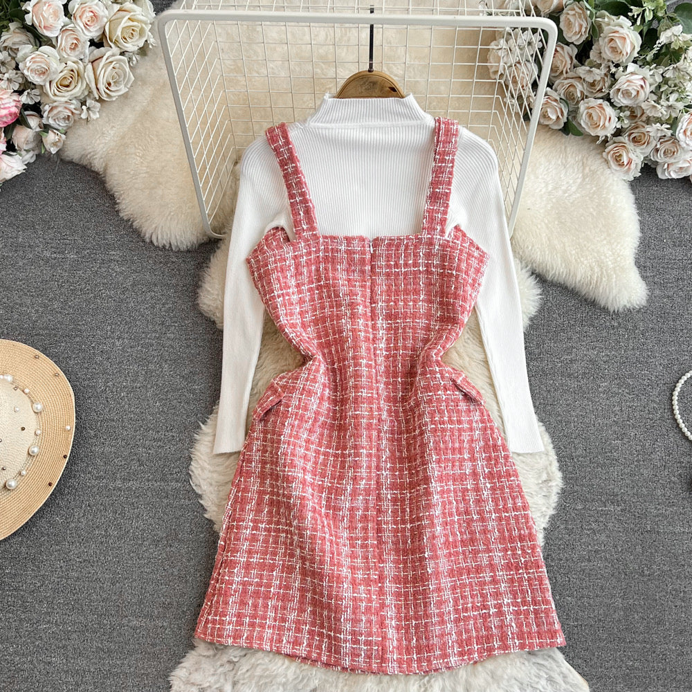 Sweater top two-piece set waist slimming tweed suspender dress