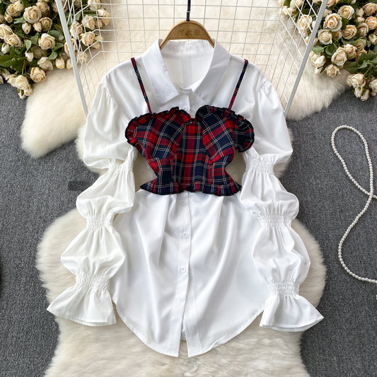 Plaid Camisole Vest Two-piece Set Trumpet Long Sleeve Loose Single-breasted Shirt