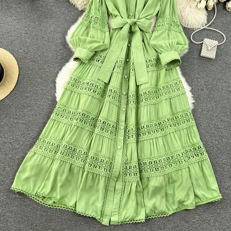 hollow lace splicing, puff sleeve long dress cotton comfortable dress m22618