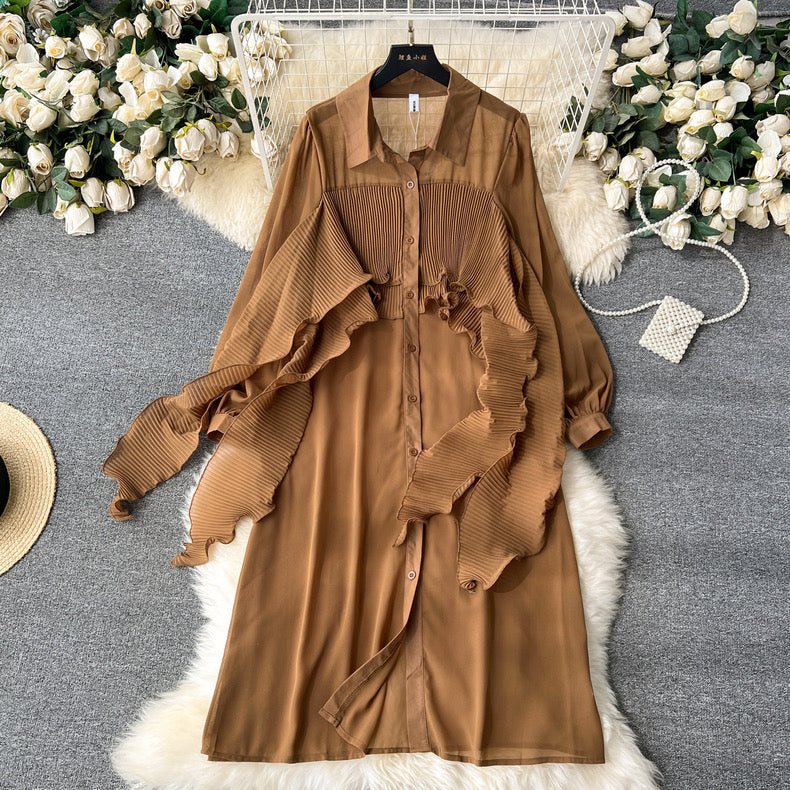 light mature style shirt dress for women ruffled splicing ribbon chiffon long shirt