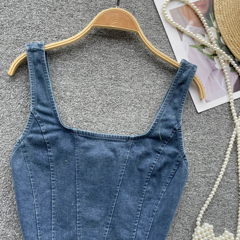 short denim top square neck zipper suspender top