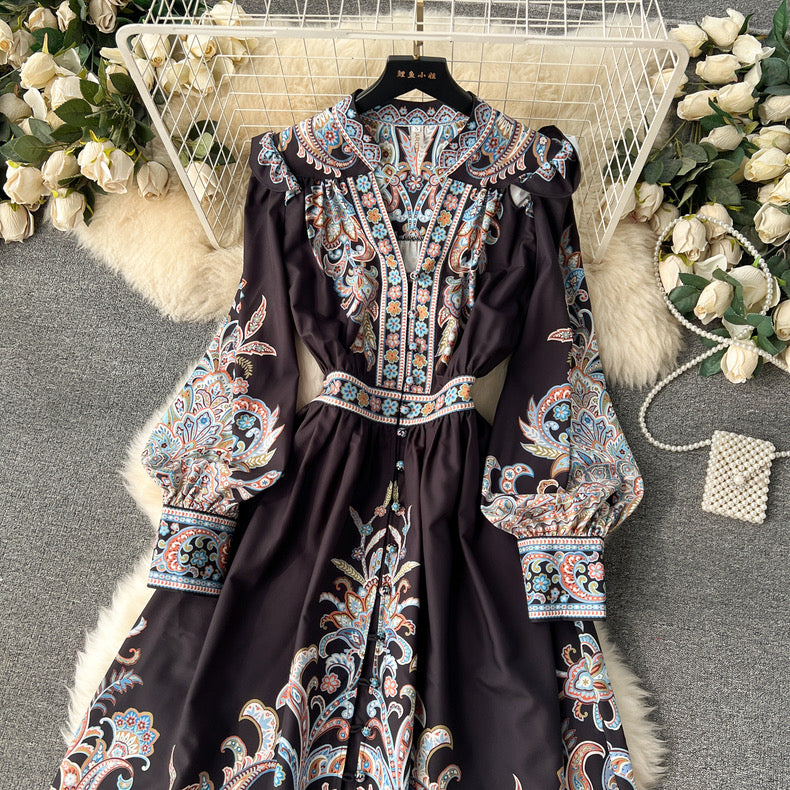 Elegant ruffled long-sleeved printed high-waisted single-breasted ladylike long dress