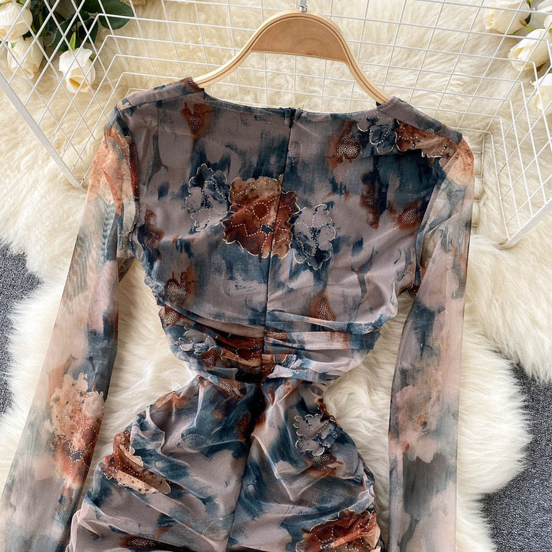 printed square neck long-sleeved dress pleated bodycon m9872