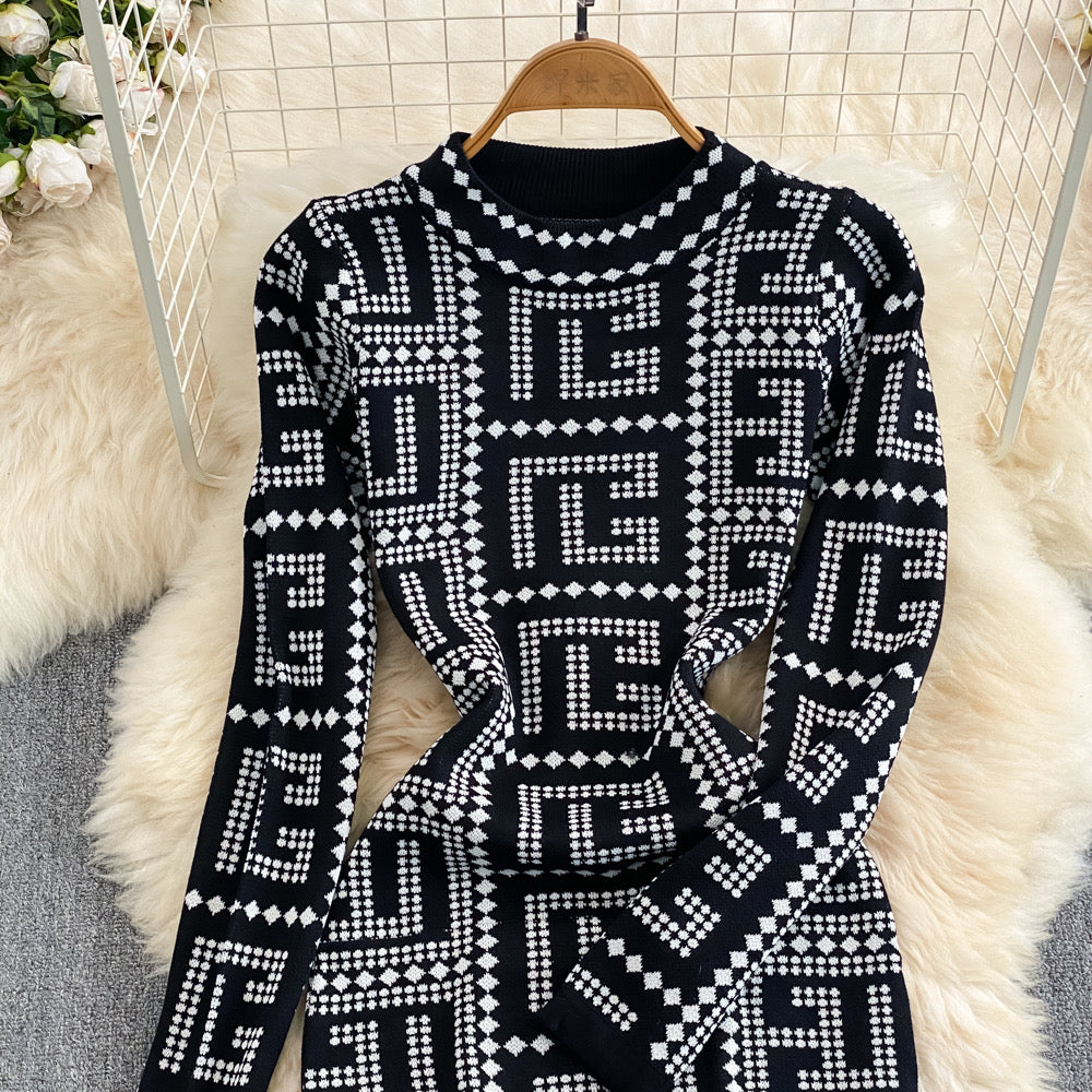 Temperament long-sleeved stand-up collar waist slimming mid-length knitted bodycon