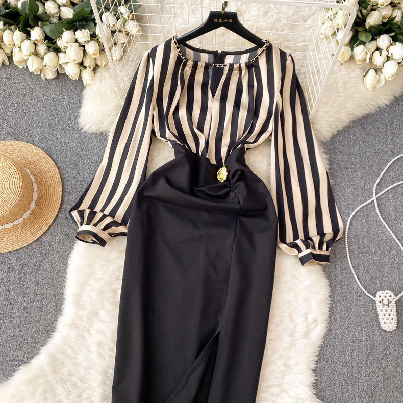 high-end striped dress puff sleeve patchwork waist slit design bodysuit m5582