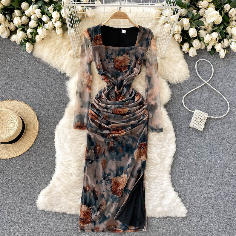 printed square neck long-sleeved dress pleated bodycon m9872