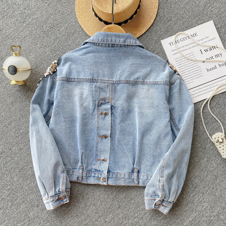 sequined loose design  high-end denim jacket top