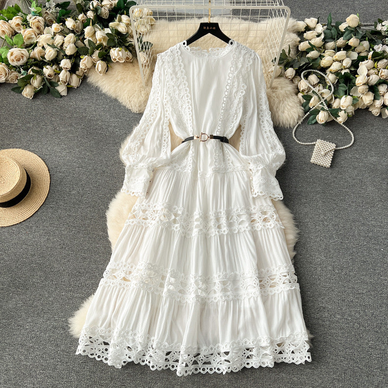 Beautiful heavy  hollow lace splicing French puff sleeve high-end dress