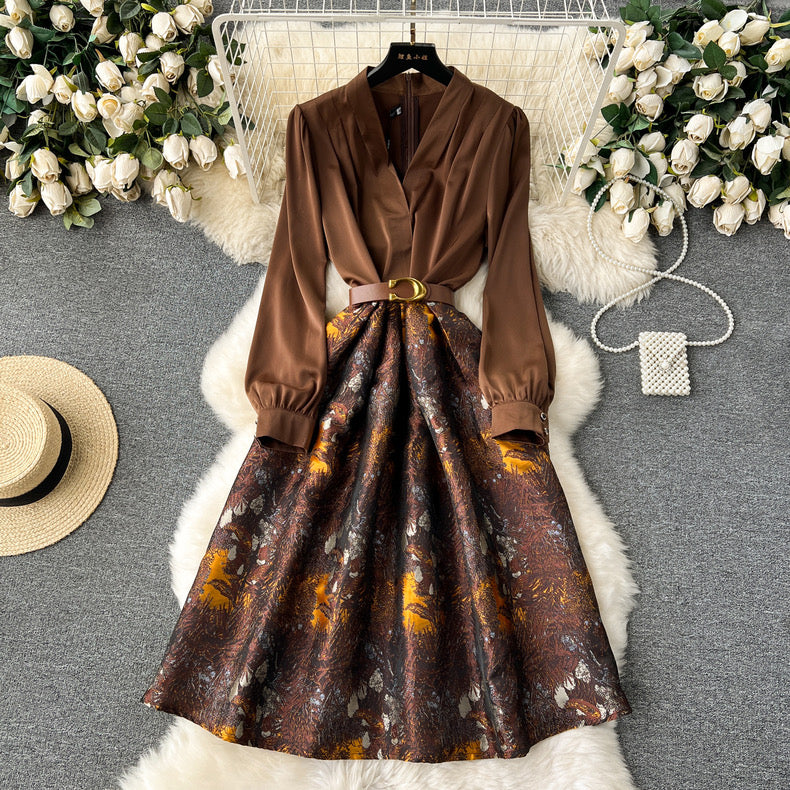 High-end light luxury V-neck splicing jacquard fluffy dress m2035