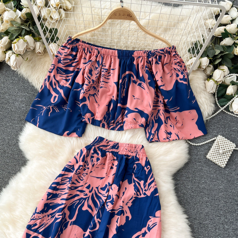 mature style off-shoulder short printed top high-waisted wide-leg pants