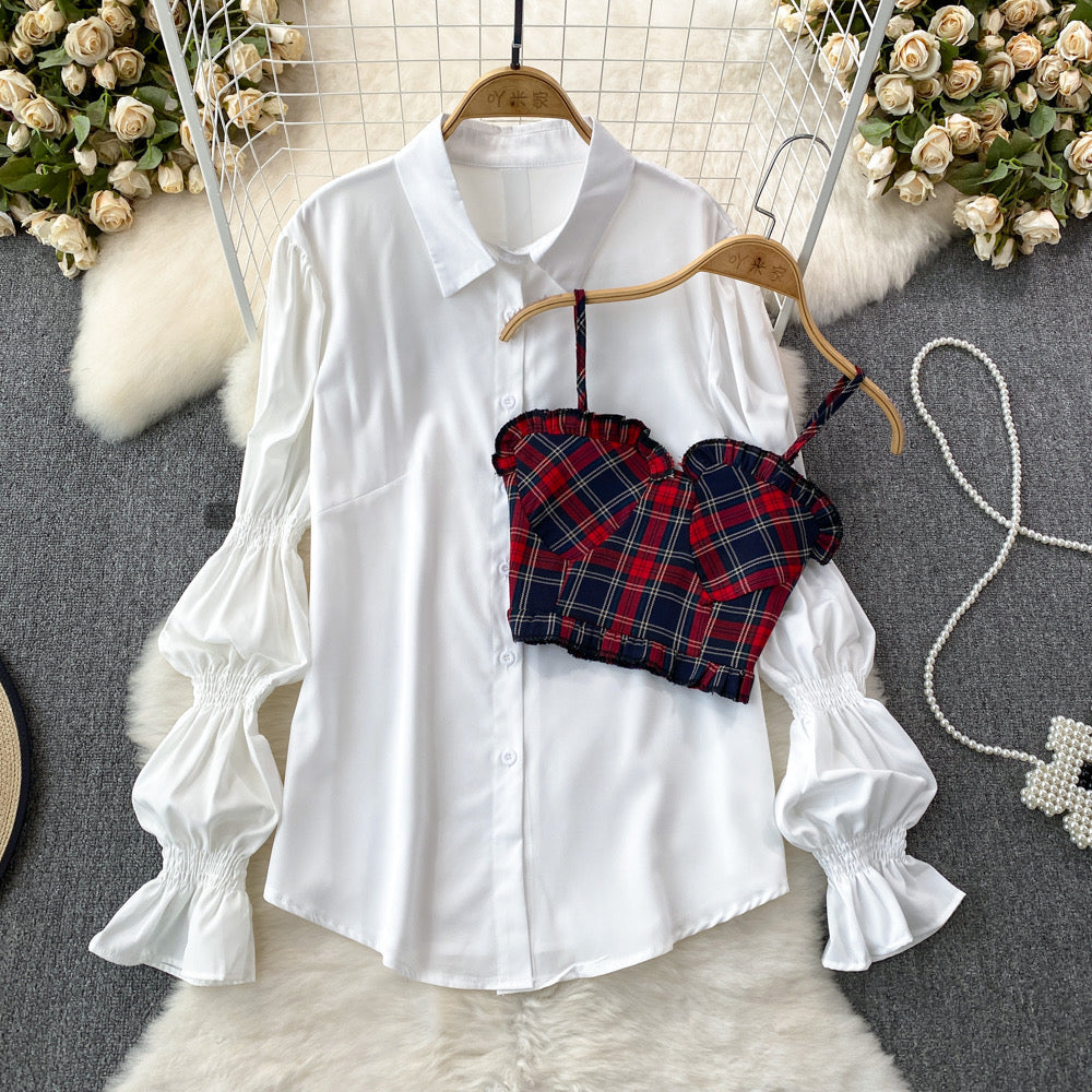 Plaid Camisole Vest Two-piece Set Trumpet Long Sleeve Loose Single-breasted Shirt