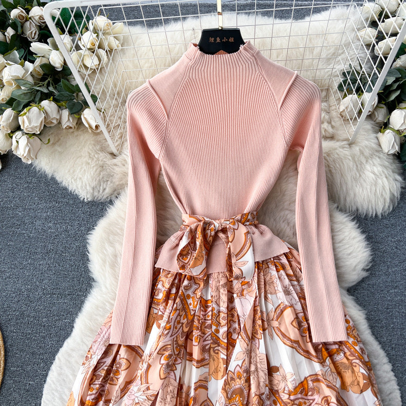 high-end printed autumn and winter knitted patchwork waist design super fairy dress