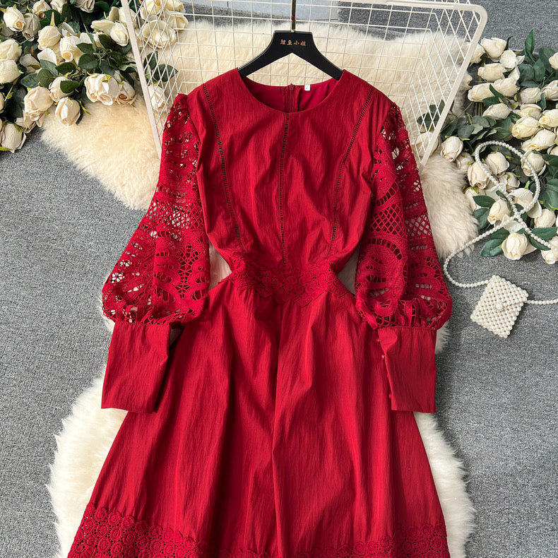 High-end flower puff sleeve lace up bodysuit dress