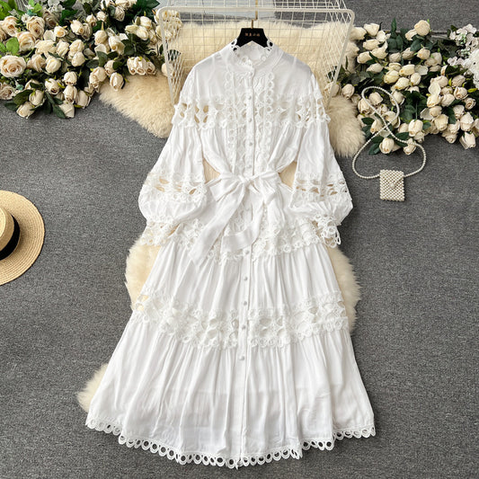 Palace style hollow lace lace long French puff sleeve maxi dress