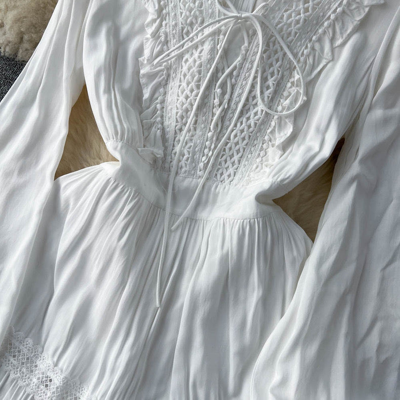 Seaside resort style white long sleeve fairy dress