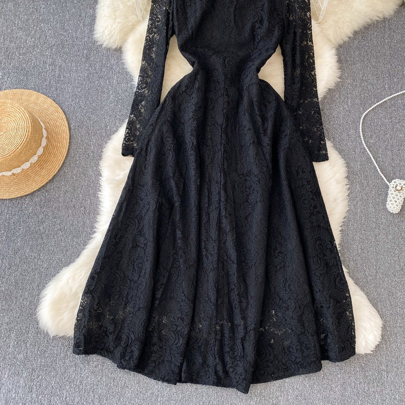 Stand-up collar long-sleeved lace dress