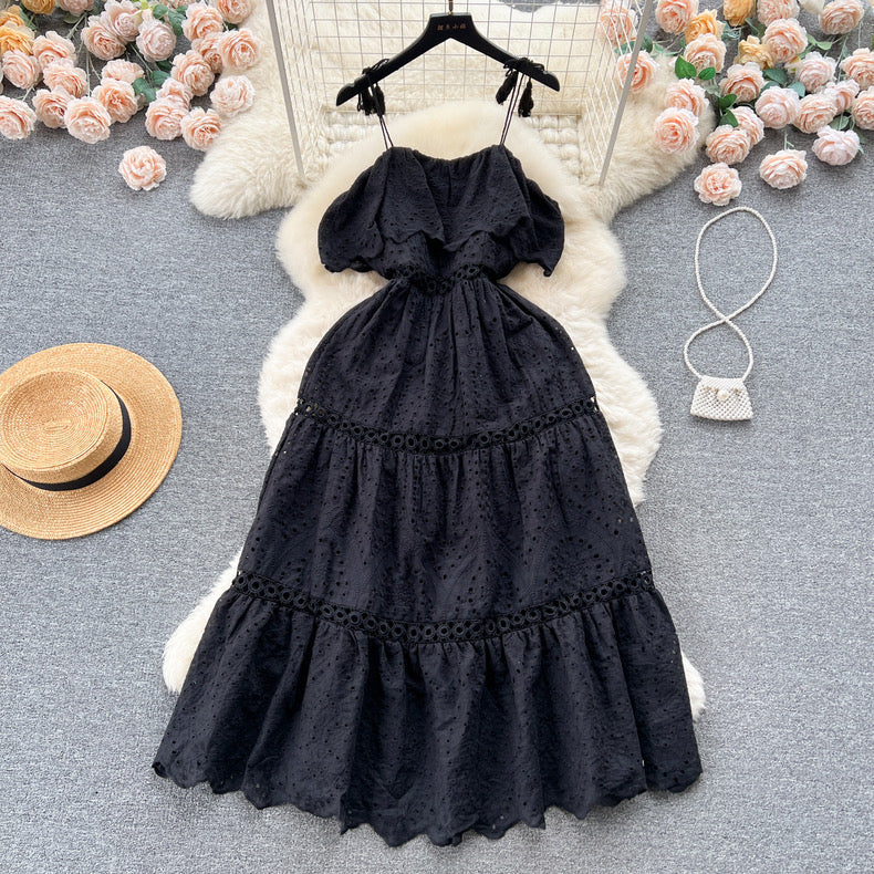 Sleeveless sling ruffled waist slimming dress for women