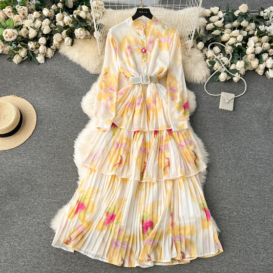 Stylish printed chiffon pleated ruffle dress