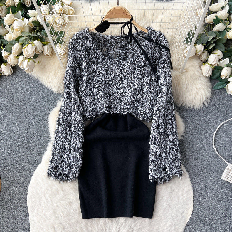 Short sweater blouse slim suspender knitted outfit suit