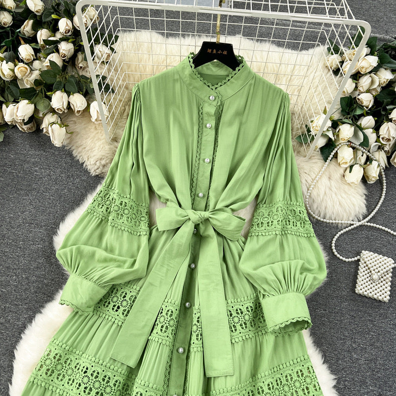 hollow lace splicing, puff sleeve long dress cotton comfortable dress m22618