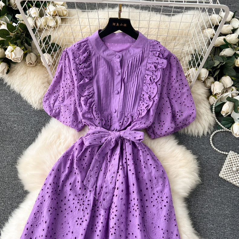 Bohemian summer new age-reducing puff sleeves heavy embroidery ruffle dress