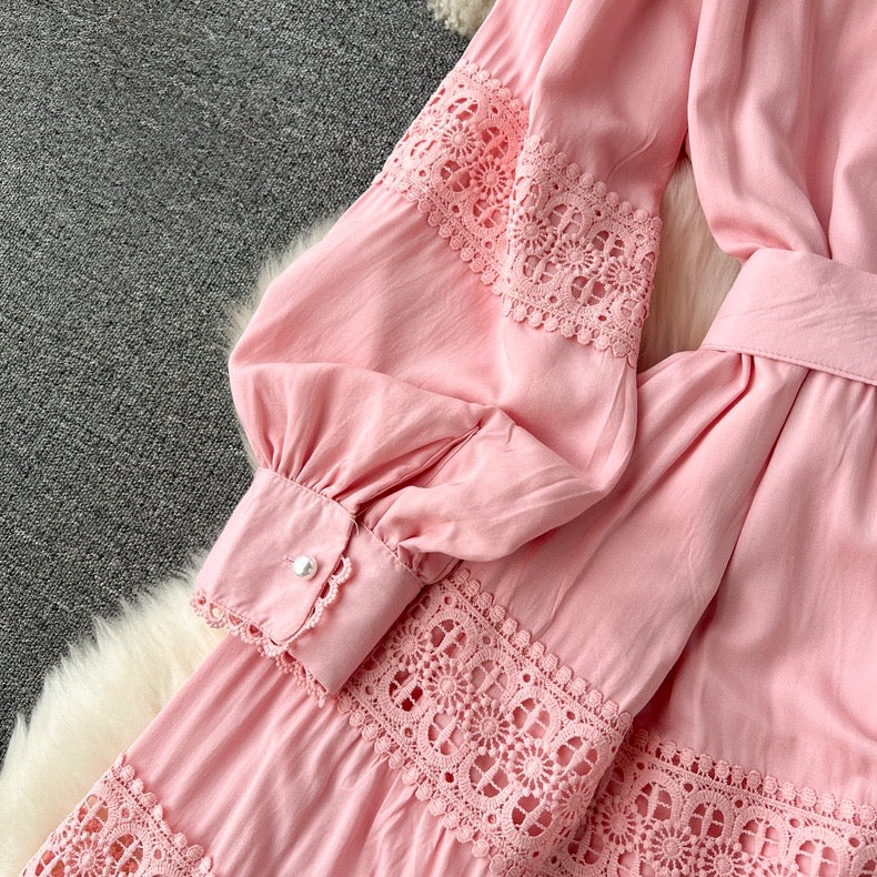 hollow lace splicing, puff sleeve long dress cotton comfortable dress m22618