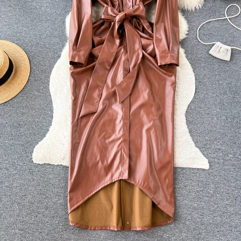 Long pleated pu leather bodysuit style winter dress