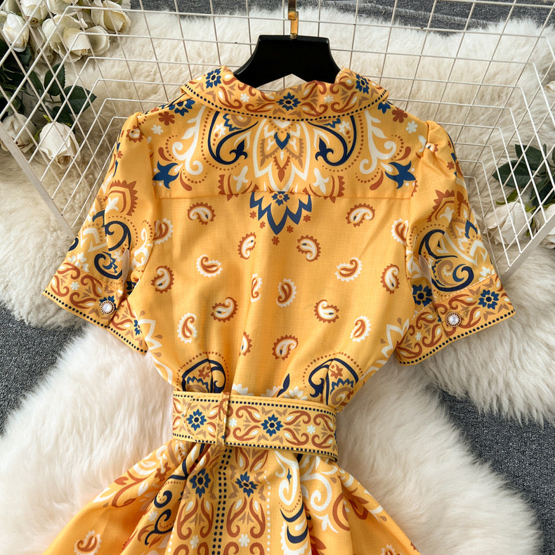 Palace style high-end printed, buttoned longdress