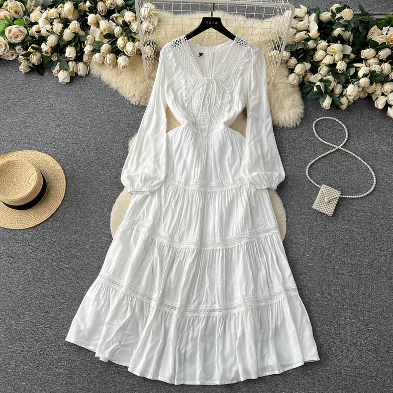 Seaside resort style white long sleeve fairy dress