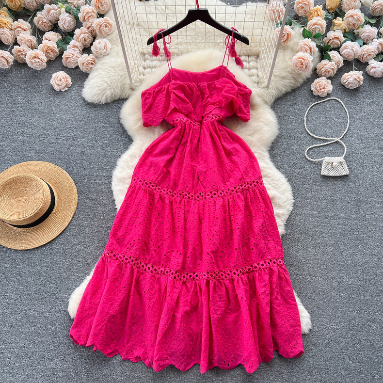 Sleeveless sling ruffled waist slimming dress for women