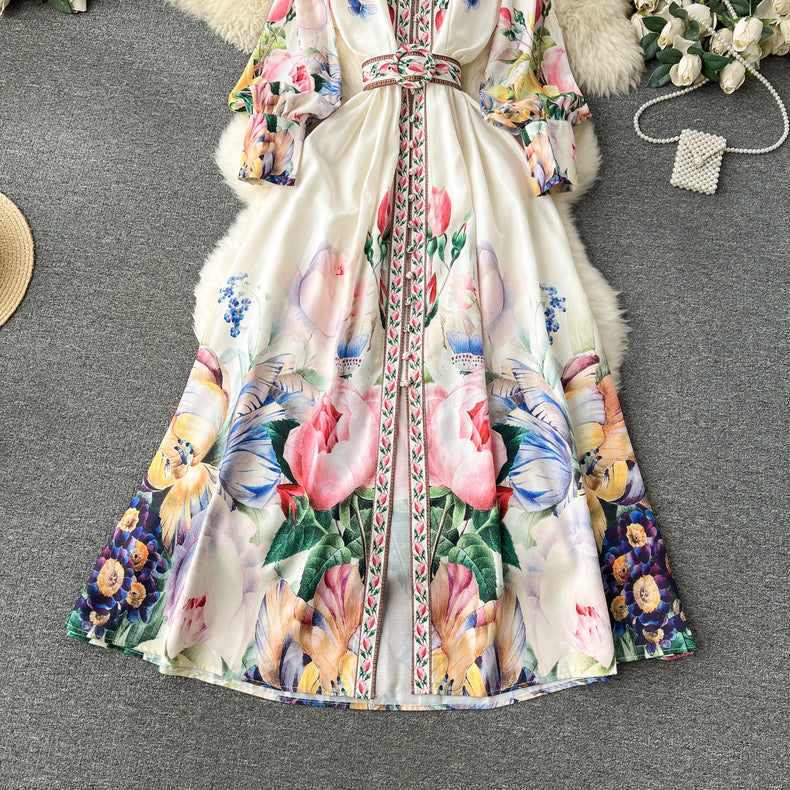 French retro palace style printed long temperament dress