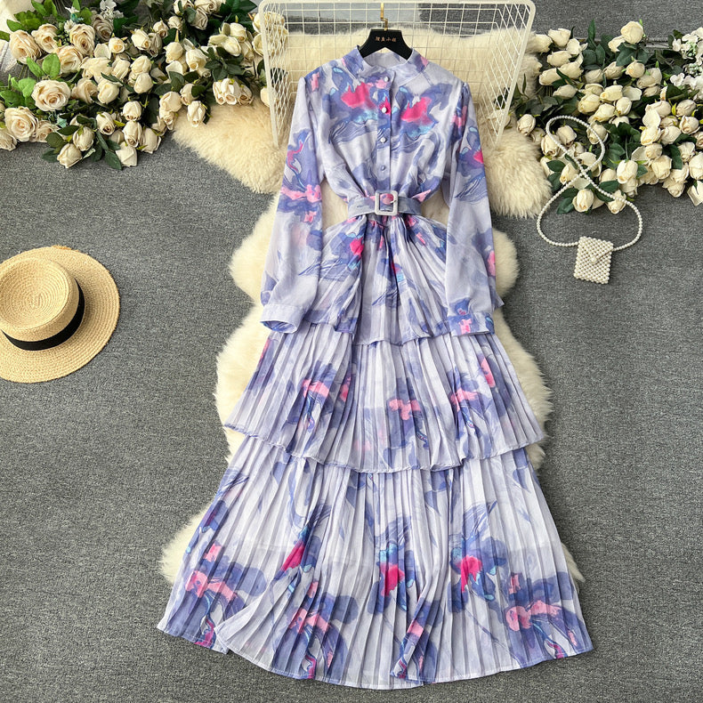 Stylish printed chiffon pleated ruffle dress