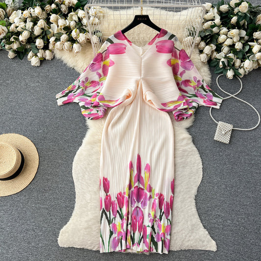 High-end printed loose pleated design luxury lady long dress