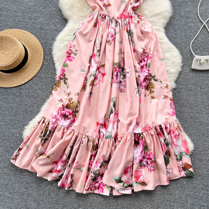 One-shoulder strapless summer vacation waist slimming ruffle print dress