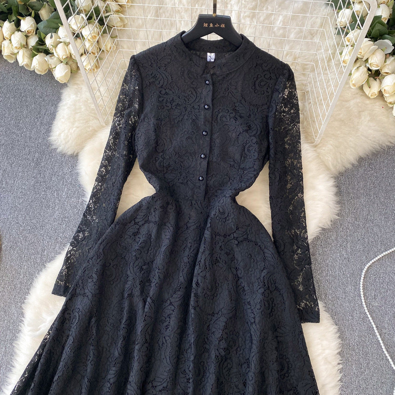 Stand-up collar long-sleeved lace dress